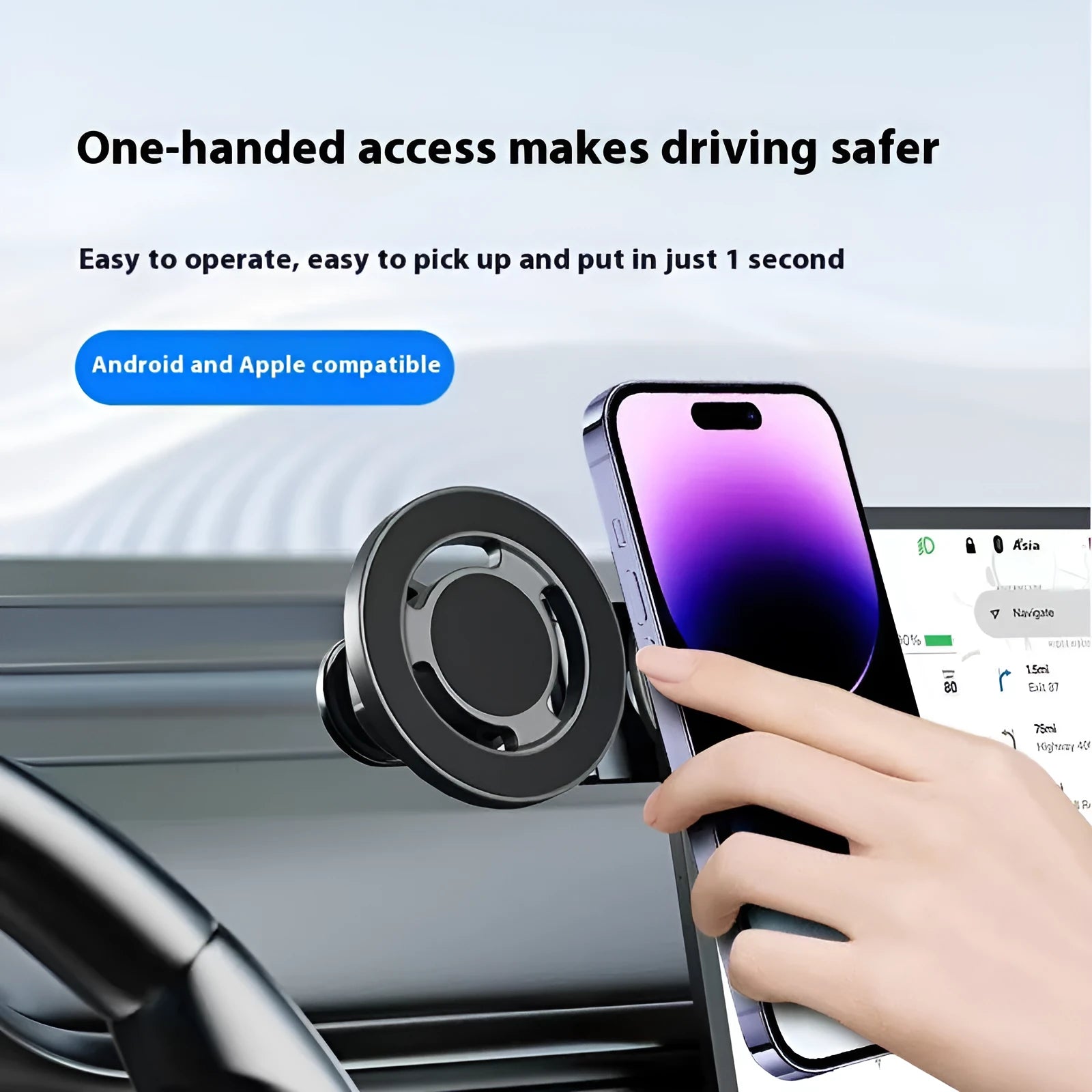 Titanium Gray aluminum alloy magnetic suction car phone holder with folding arm and 360 degree rotation on dashboard