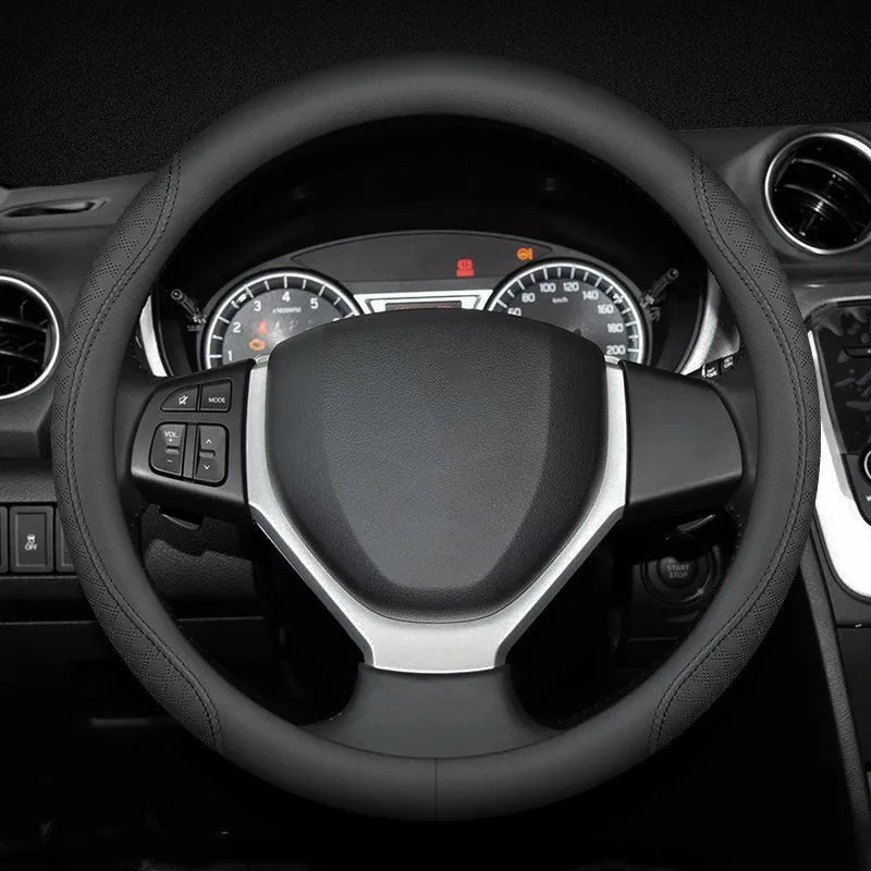 Black Napa leather texture car steering wheel cover with two-colour line stitching, shown with a 38cm diameter.
