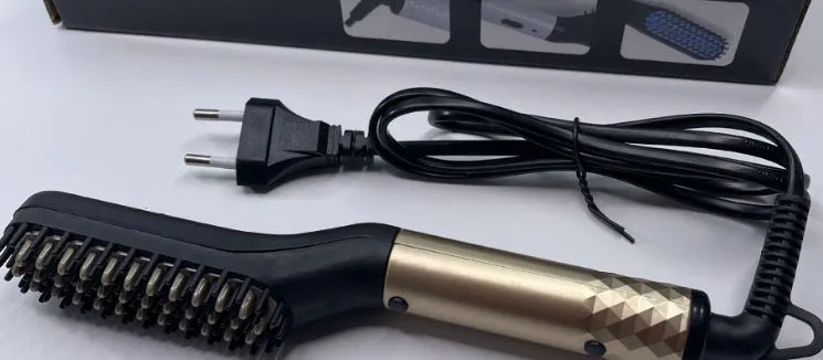 Gold multifunctional hair straightener comb for men with MCH technology and two temperature modes, including ceramic teeth and rubber anti-scald layer