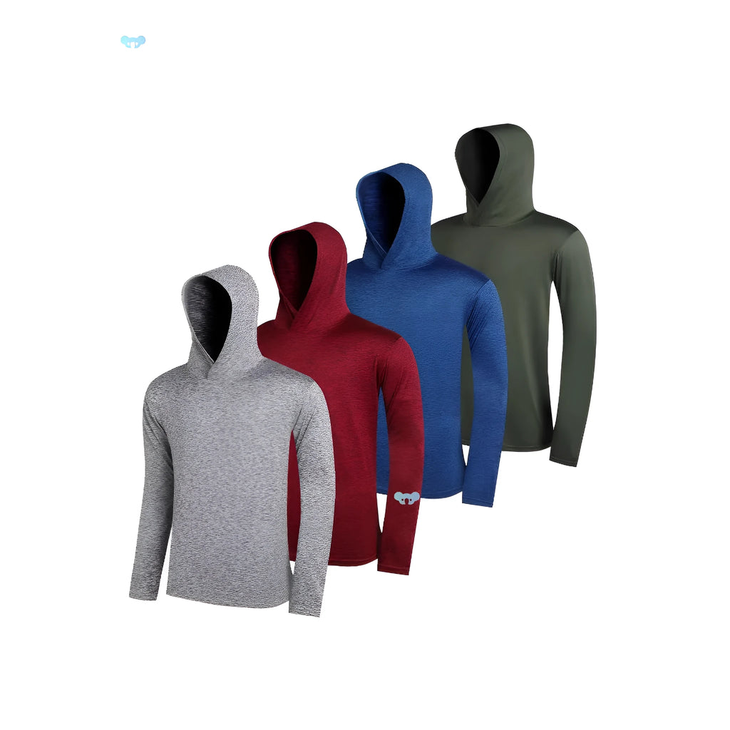 Four men's lightweight polyester hoodies folded together, showcasing elastic fabric and available colour options.