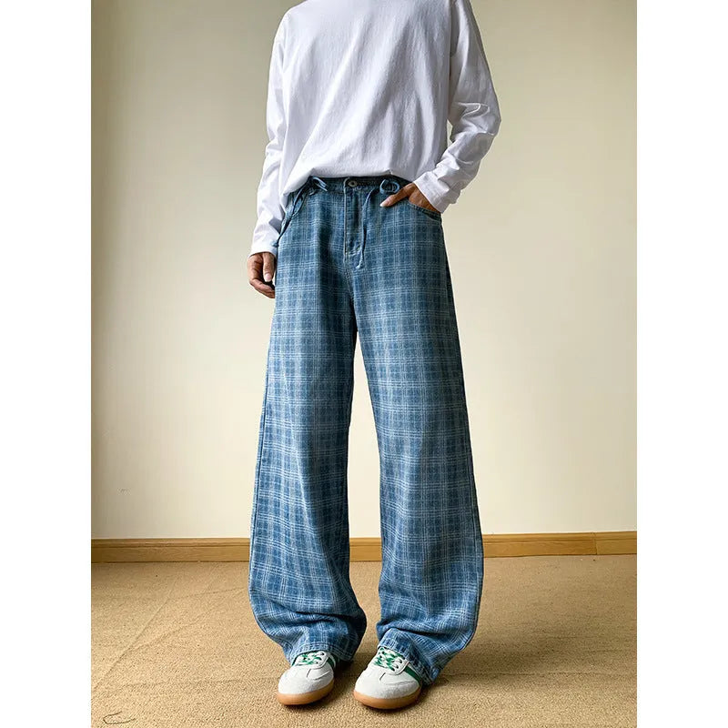 Retro blue plaid wide-leg skinny jeans with mid waist and zip fly, front view, blue denim fabric
