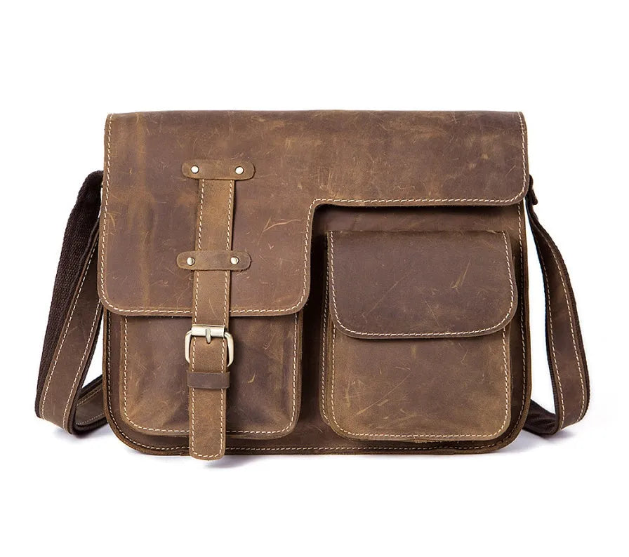 Vintage leather messenger bag with crossbody strap showing multiple compartments and available in three colour options