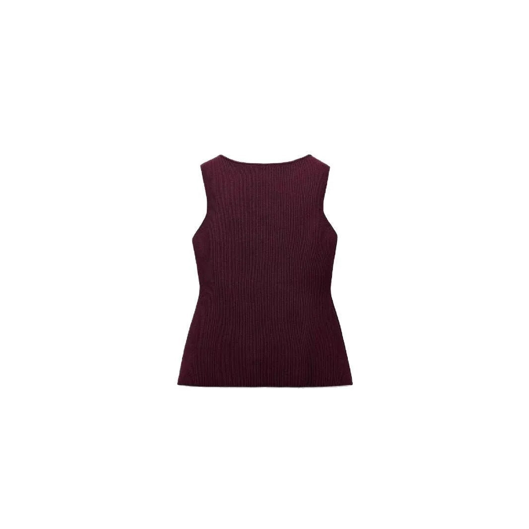 Women's dark red slim-fit sleeveless sweater vest with gold buttons and a 3D pattern on the fabric.