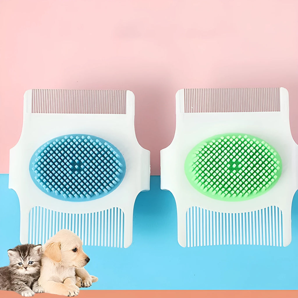 Blue and green multifunctional pet grooming comb with floating hair removal and massage nodes.