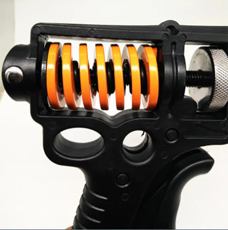 Black adjustable finger trainer grip strength exerciser with ABS and metal construction on a plain background