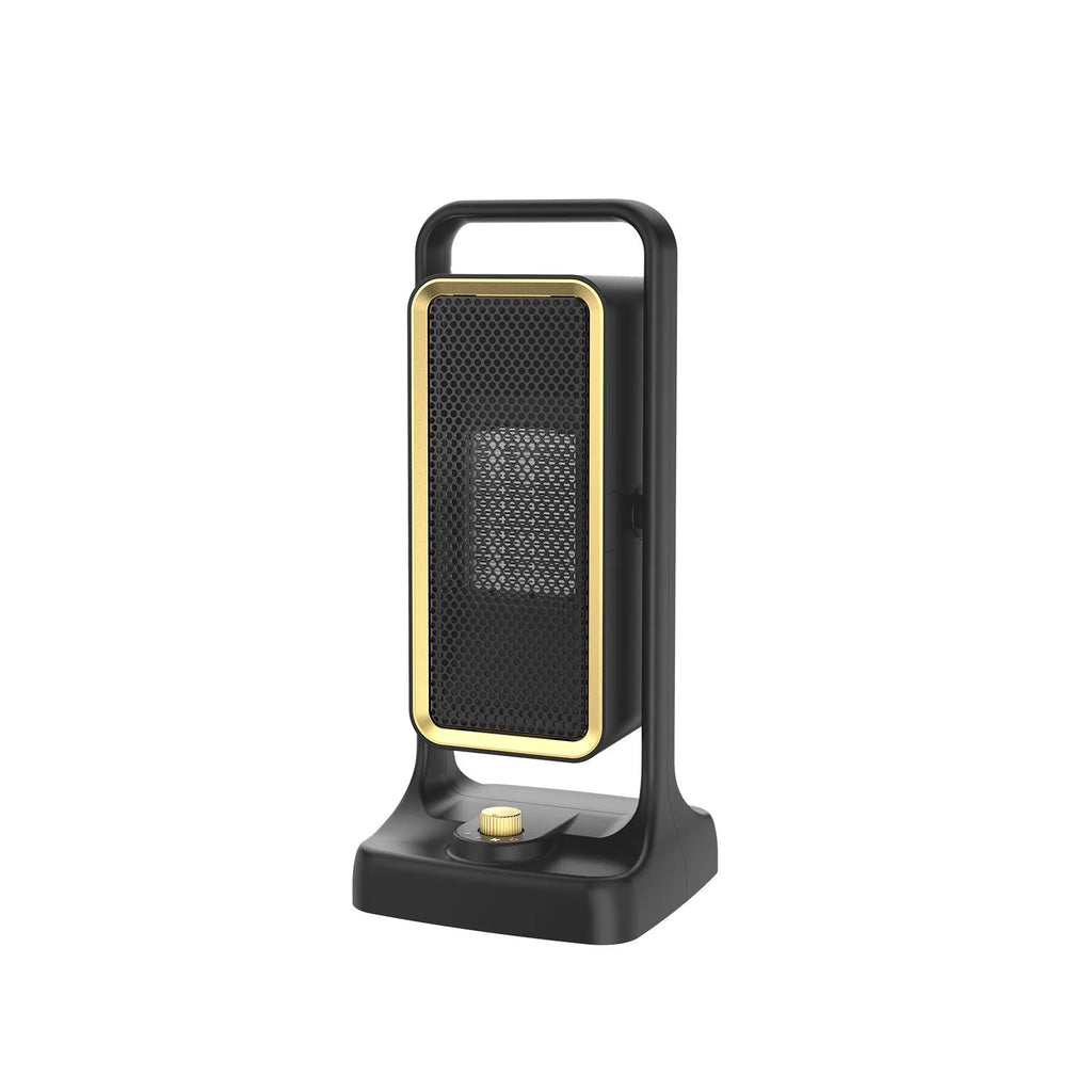 Black HQ-500A desktop PTC ceramic heater with control knob on a wooden desk.