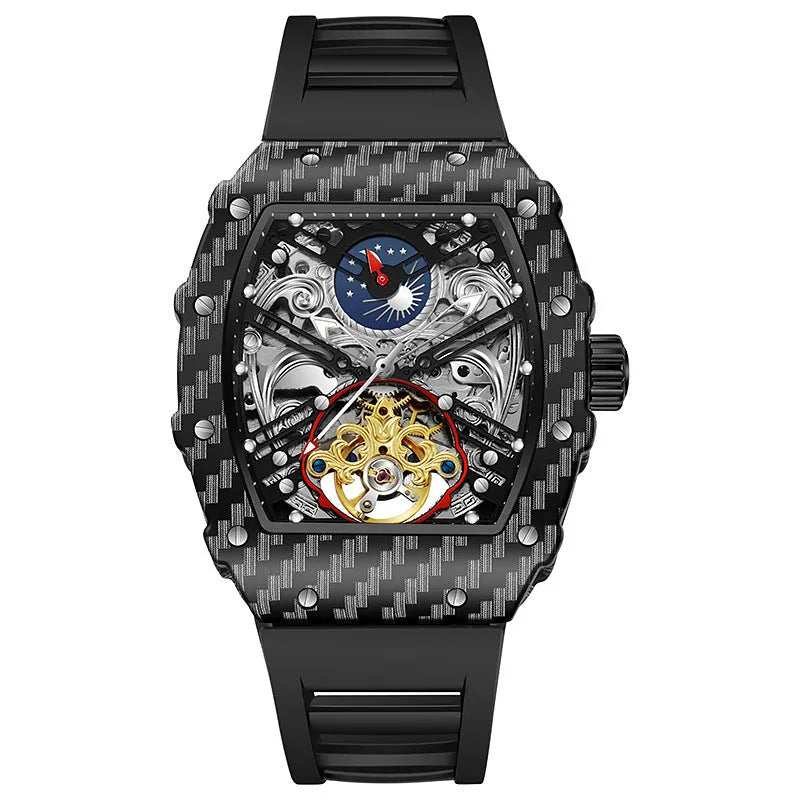 Mechanical men's waterproof watch with luminous dial on a coloured rubber strap