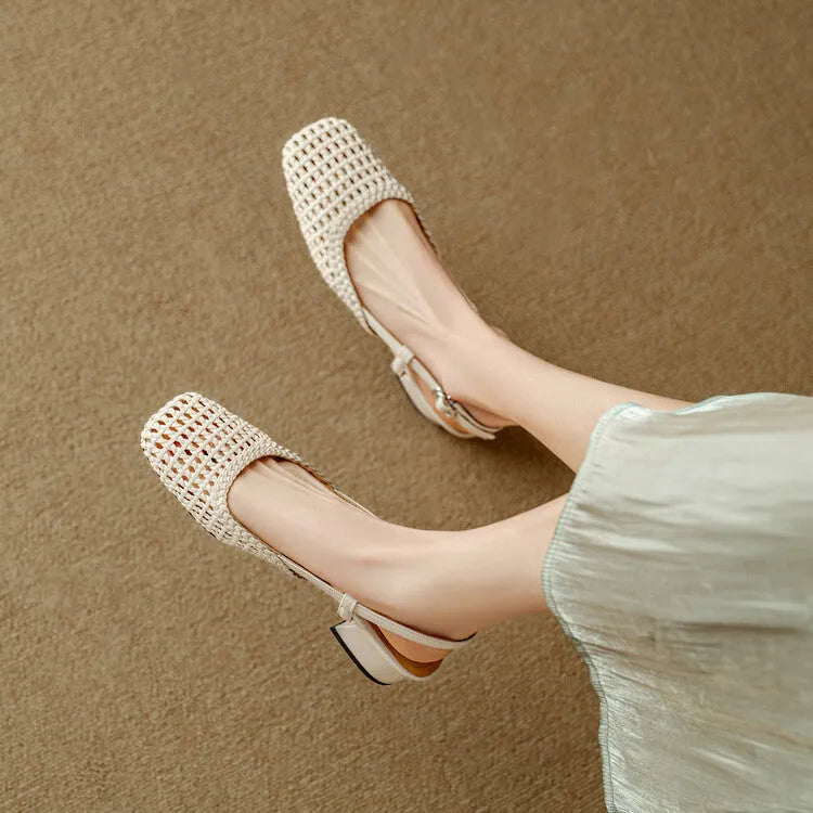Women's woven hollow-out sandals with closed toe, 4cm chunky heel, and belt buckle fastening in beige colour