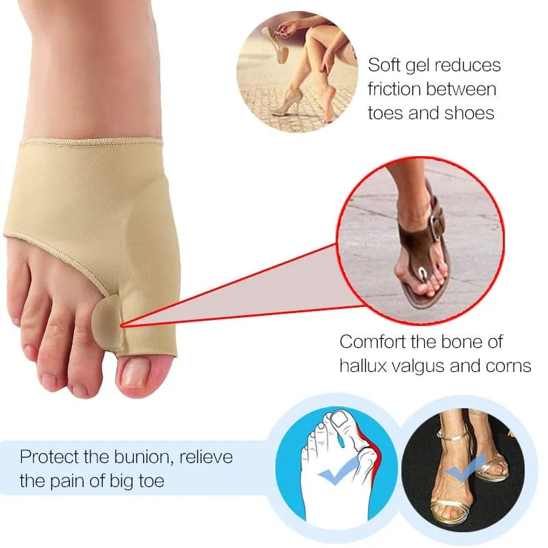 Pair of stretchable corrective socks with a visible gel bunion pad and silicone toe separator.