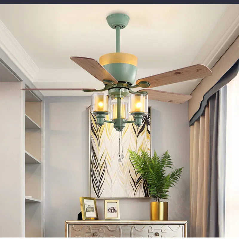 American style dark green 48-inch ceiling fan lamp with wood leaf blades and glass light shade for dining rooms