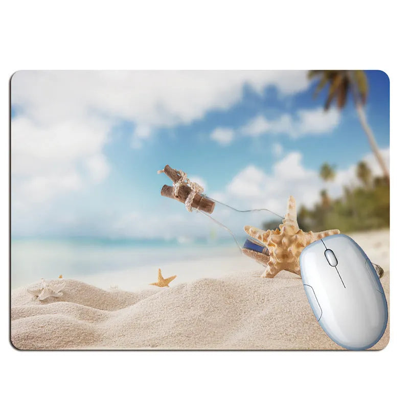Rubber mouse pad with Wishing Bottle Summer Beach Holiday Wind design, available in 30x25cm size with non-slip base