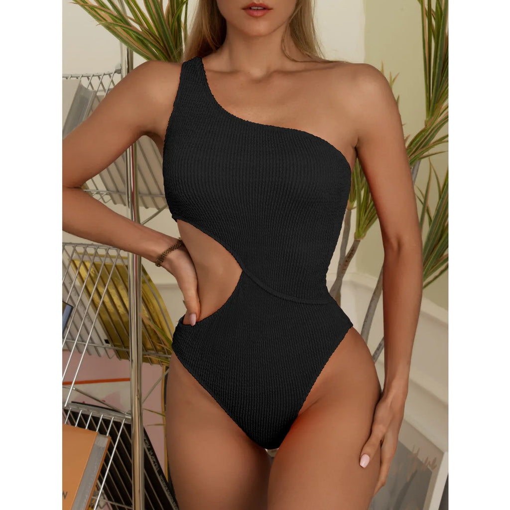 Plain solid colour one shoulder one piece swimsuit for women polyester fabric swimming wading beachwear