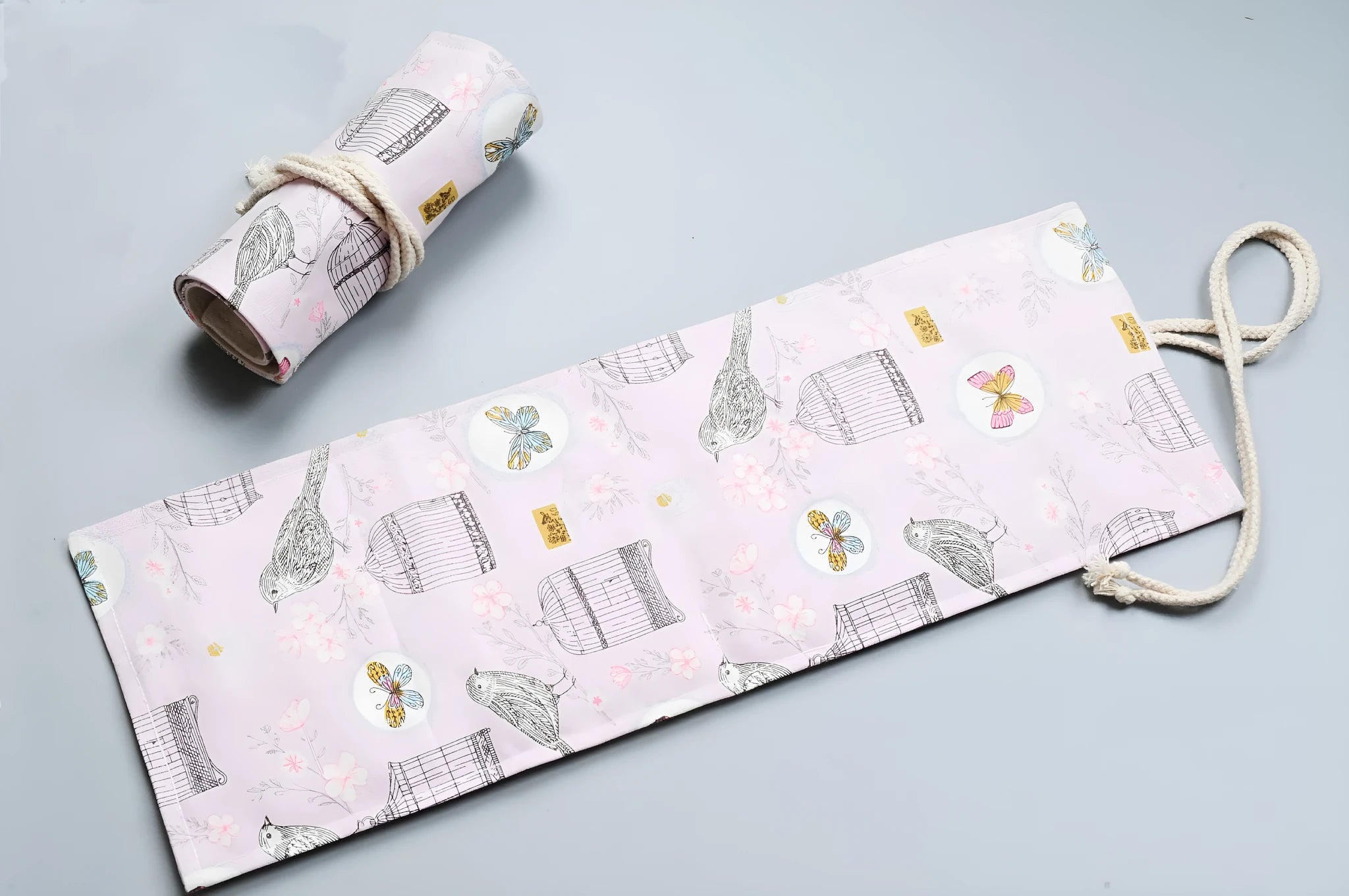 Canvas pencil wrap roll up case with elastic bands and custom print design