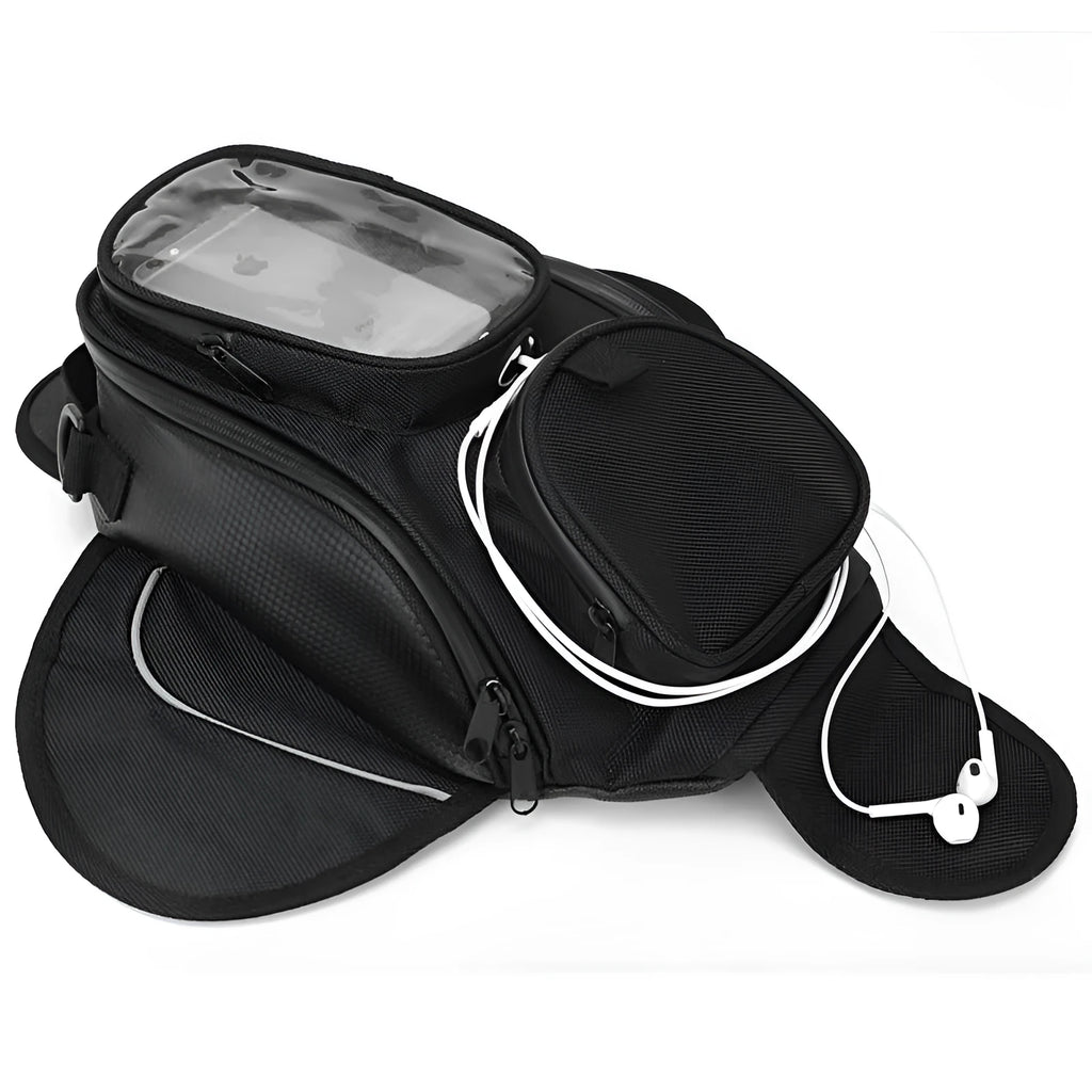 Black motorcycle fuel tank bag measuring 350x170mm attached to a bike