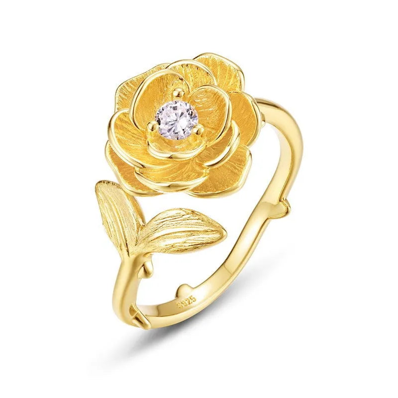 Women's 925 silver adjustable flower ring with 10k gold swimming paint electroplating, gold colour, retro design