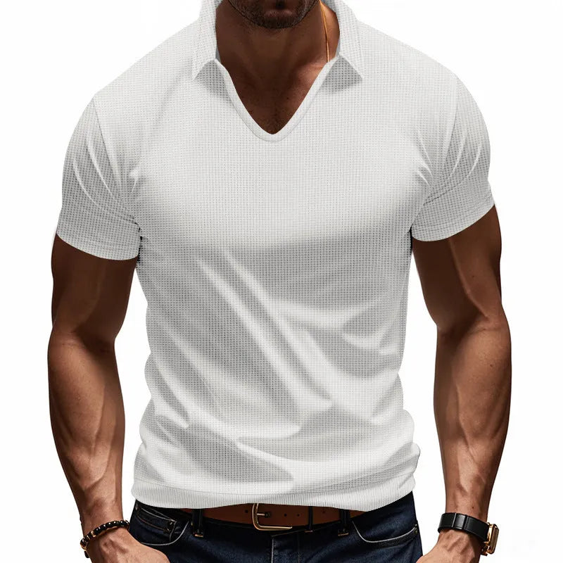 Men's loose fit V-neck t-shirt in cotton blend fabric showing short sleeves and solid colour design