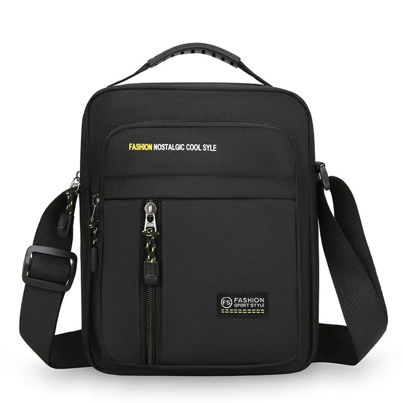 Men's casual nylon crossbody messenger bag in green, shown from the front with sewing thread detail.