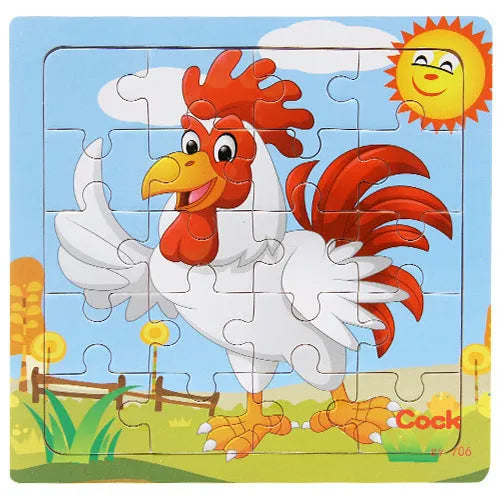 Children's poultry animal wooden puzzle with twelve splint animal pieces including cat, duck, and rooster designs