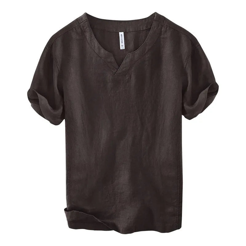 Simple casual linen T-shirt top in khaki, short sleeves, pullover style