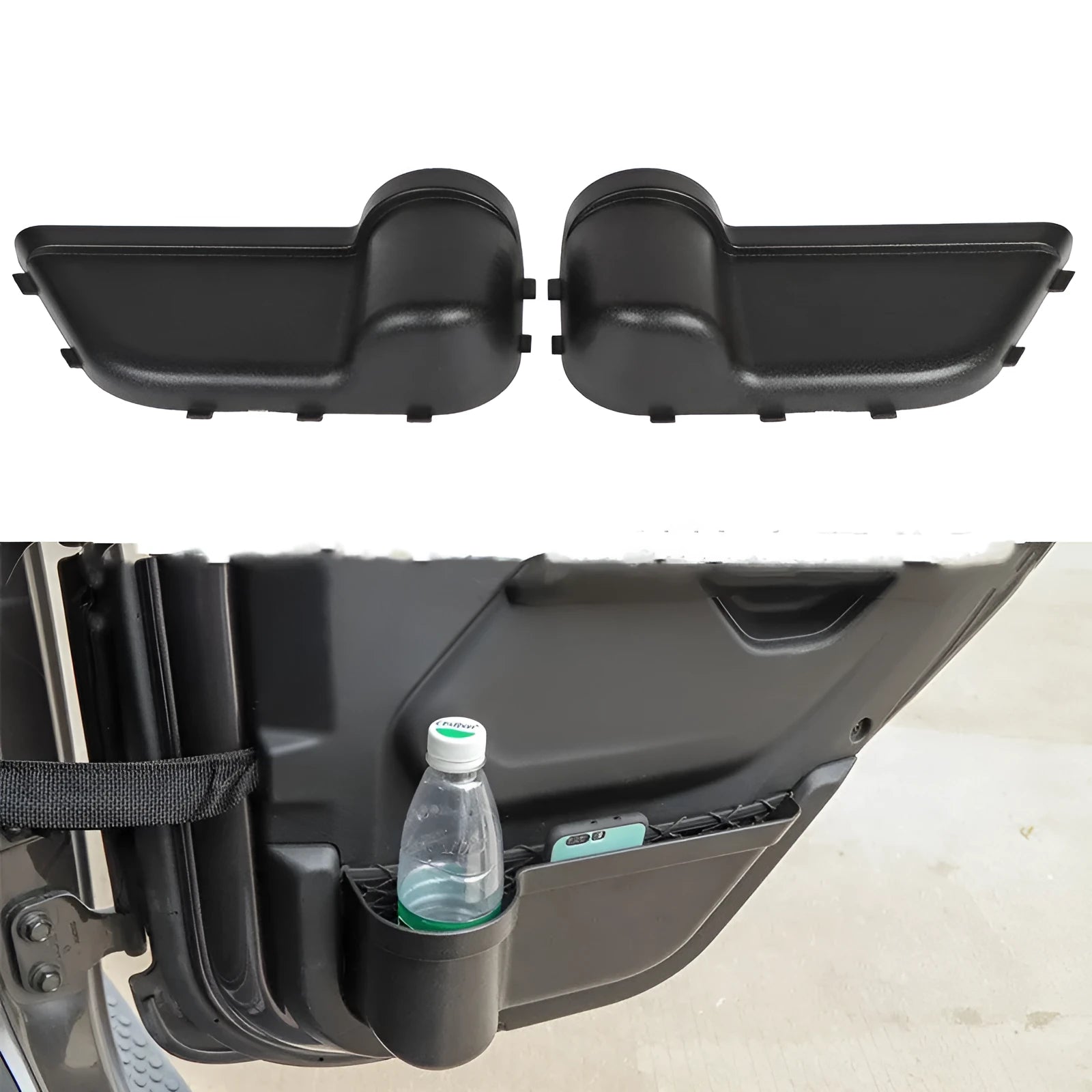 Black ABS plastic door storage box with net pocket for Jeep Wrangler JK and JL models