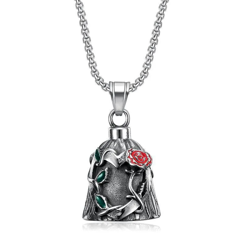 Polished titanium steel motorcycle lucky bell with a double-sided epoxy rose design in retro steel colour.