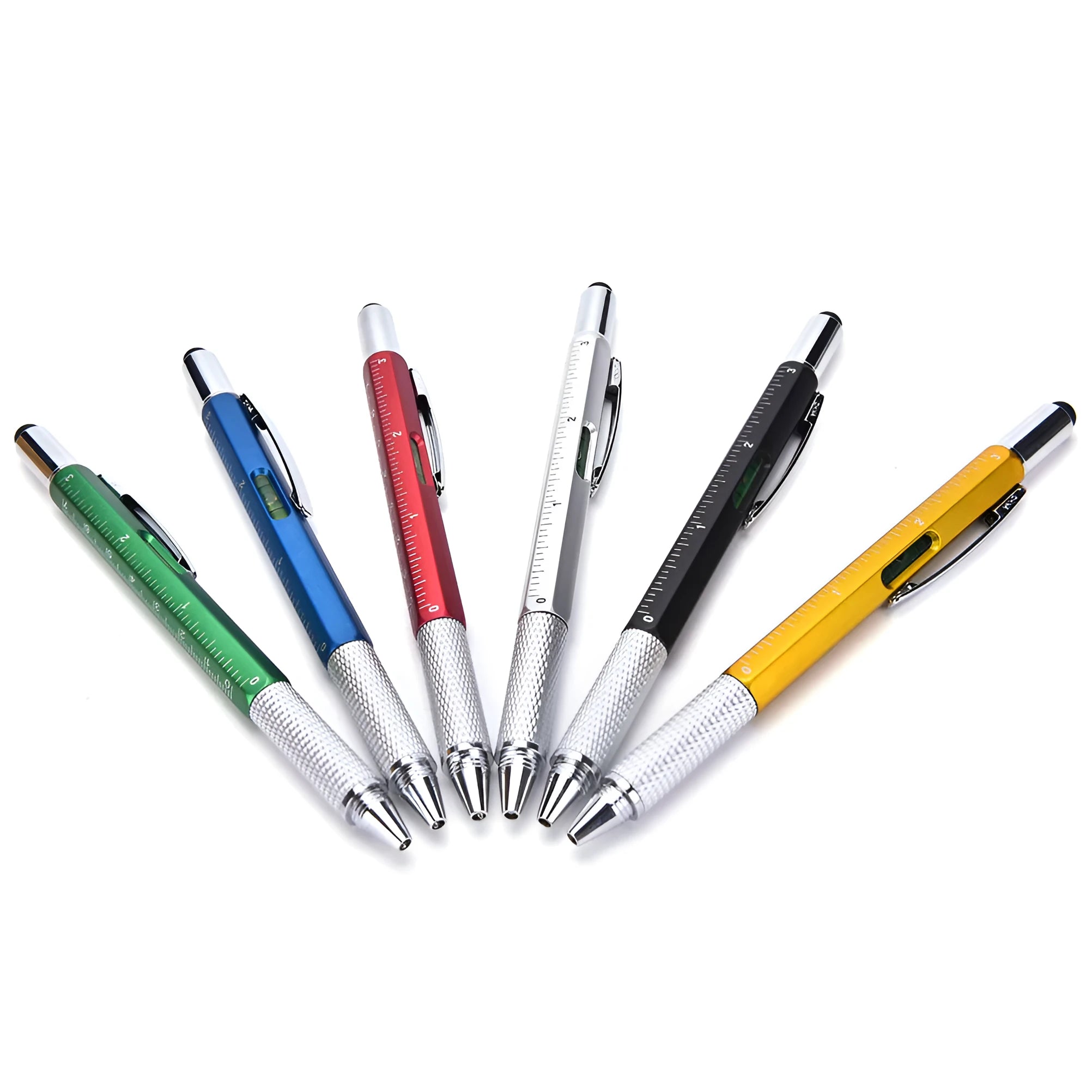 Multi-function 6 in 1 touch screen stylus ballpoint pen with spirit level and screwdrivers in black, blue, green, red, silver, yellow