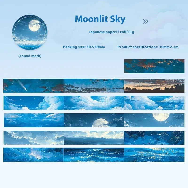 Japanese paper washi tape roll with celestial sky patterns including colourful clouds and twilight, 30mm width