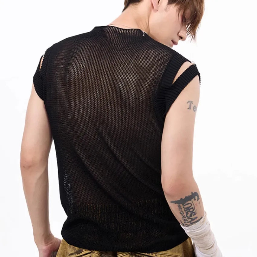 Dark hollow-out knitmesh sleeveless T-shirt in black with round collar and regular length