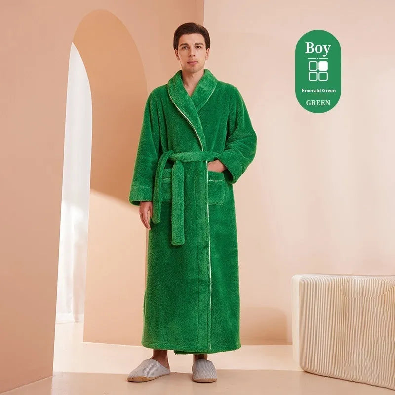 Men's and women's thick flannel bathrobe couple set in winter colours with extended plus sizing
