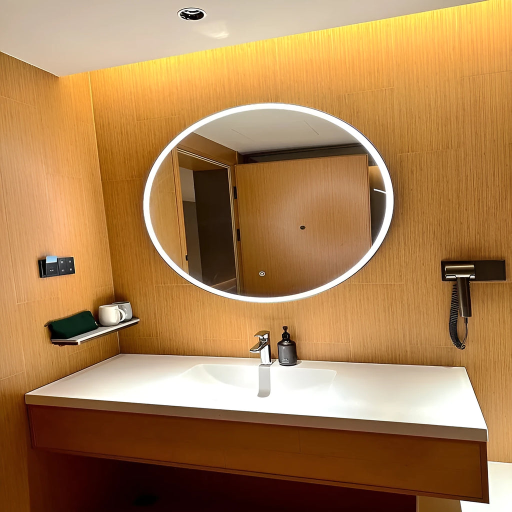 Round black frame aluminium LED bathroom mirror with wall mounting and touch dimming control