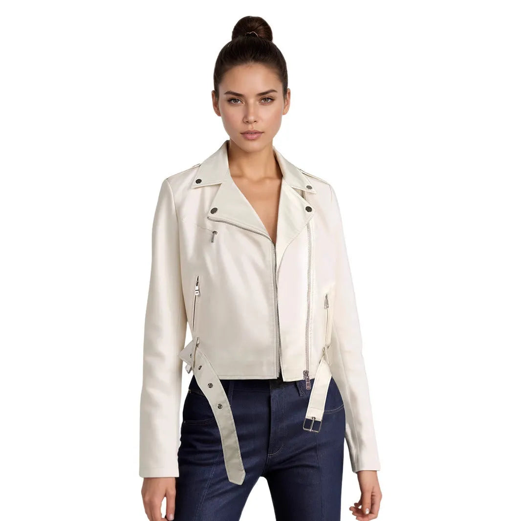 Women's black PU leather motorcycle jacket with short lapel and removable waist belt