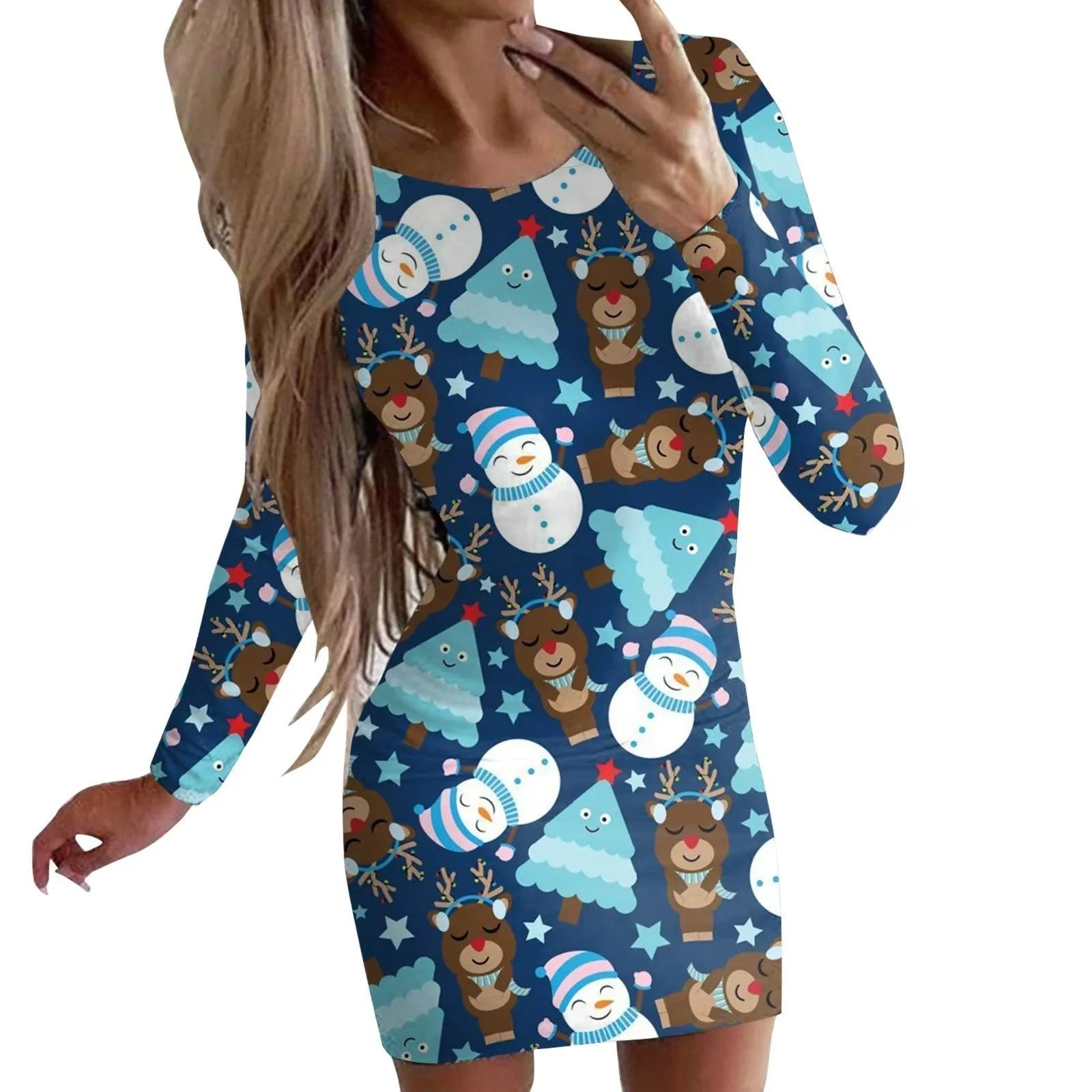Women's red Christmas print narrow dress with animal pattern, round neck, long sleeves