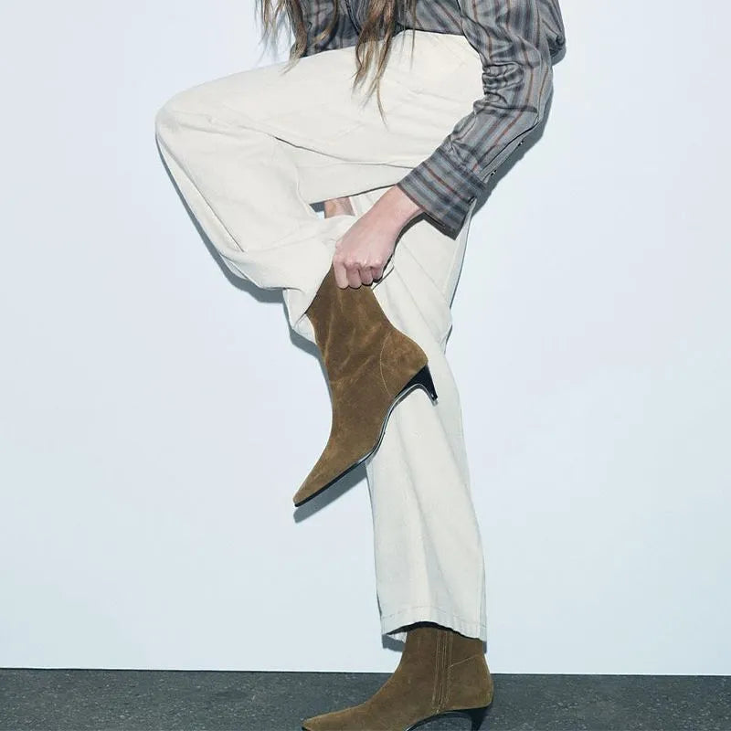 Brown square toe ankle boots with side zipper and kitten heels on waterproof platform sole