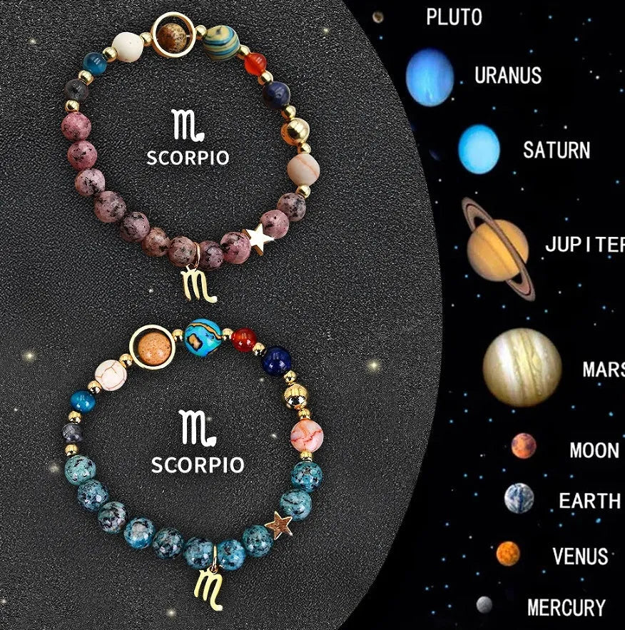 Natural stone zodiac beaded bracelet set showing two matching bracelets with astrology-themed design