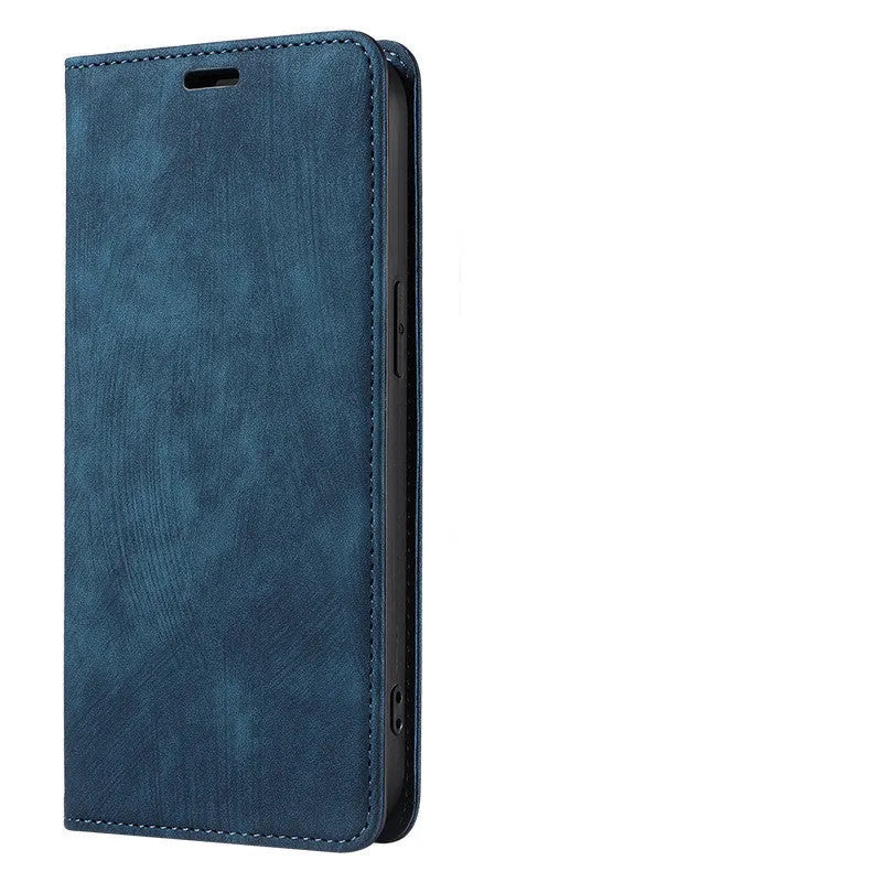 Magnetic flip leather phone case for iPhone in grey, showing front cover closed.