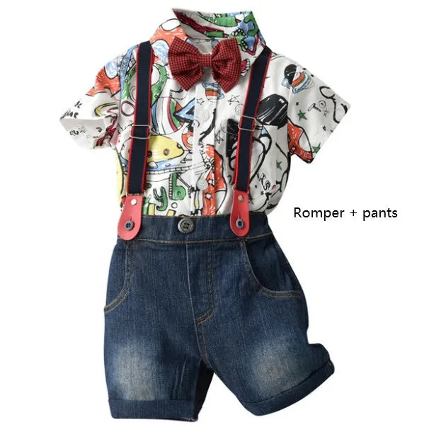 White infant cartoon trouser suit set with shorts, romper and shirt options, European style for 1-3 year olds
