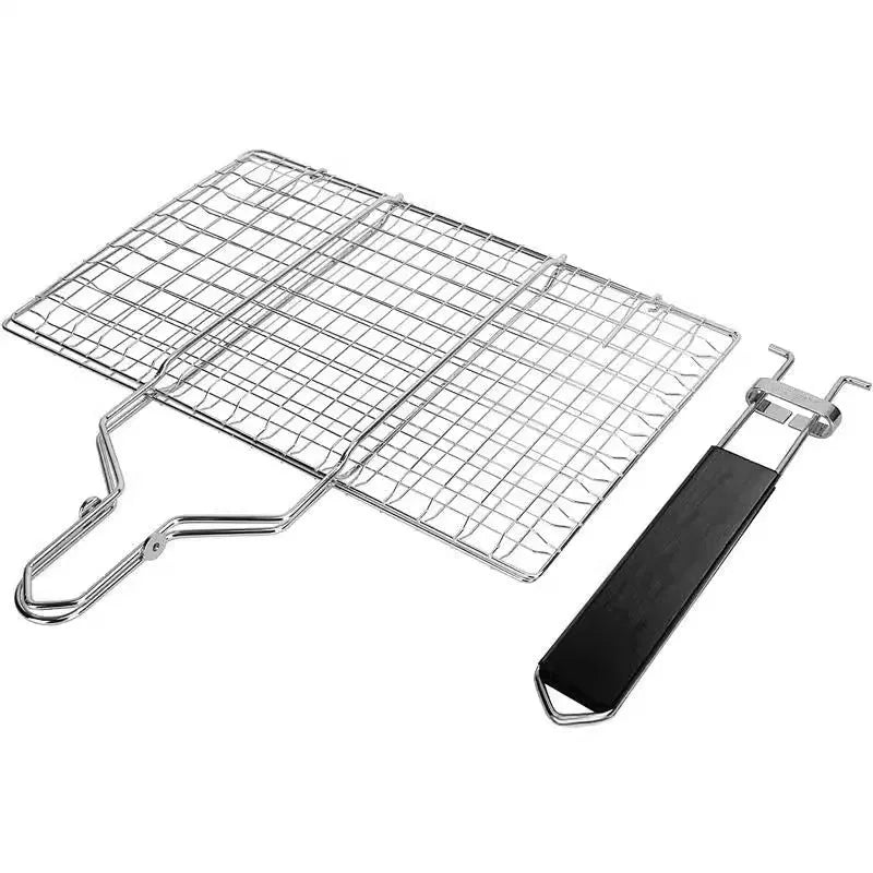 Square stainless steel barbecue mesh basket with folding design and cleaning brush for outdoor cooking