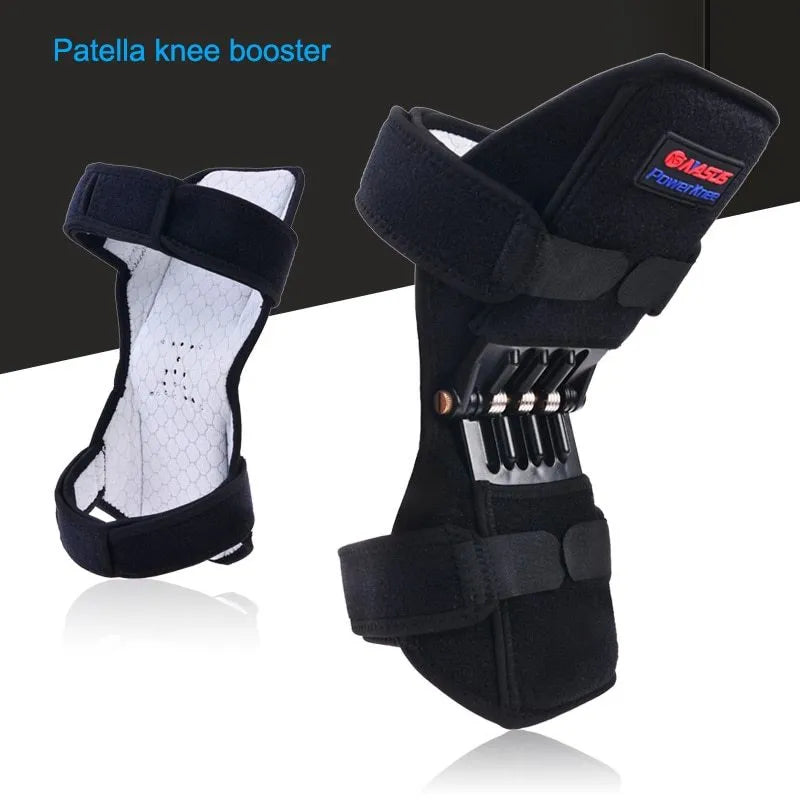 Adjustable spring knee brace patella booster in black colour with breathable fabric and venting holes