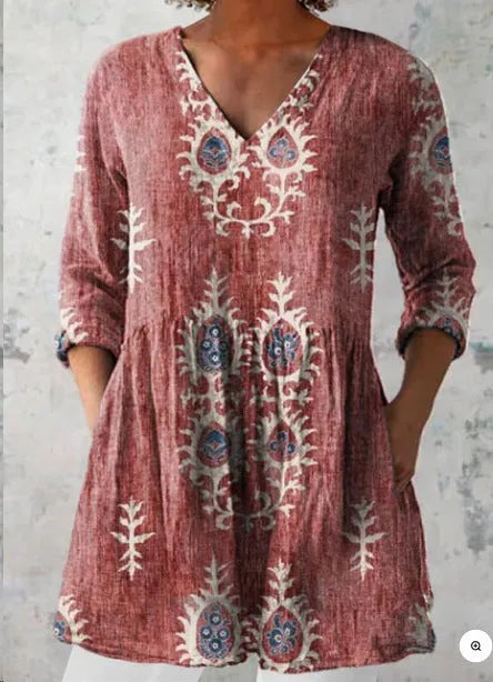 Women's printed loose dress with wave pattern, 3/4 sleeves and elastic waistband