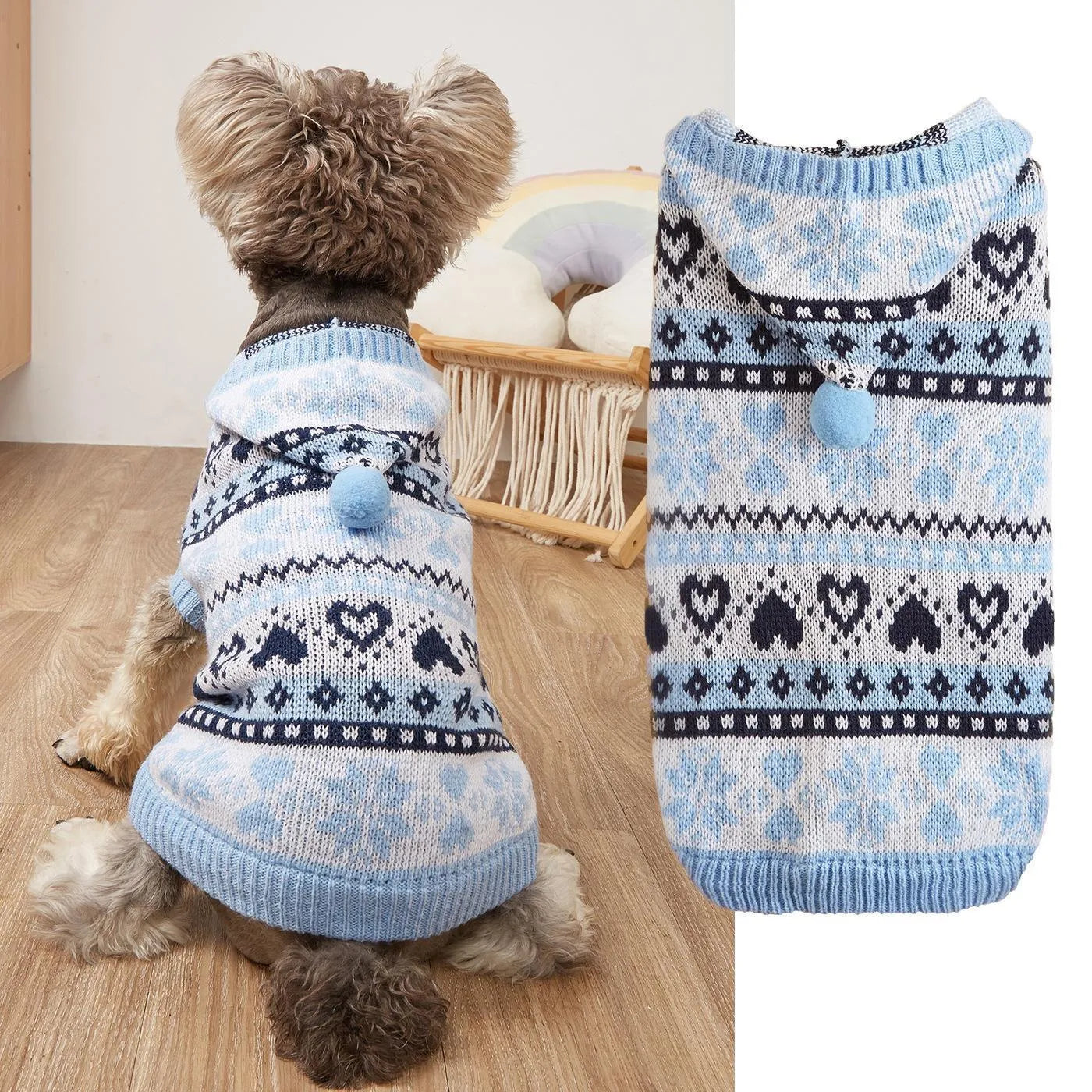Blue striped camouflage dog sweater with snowflake and heart pattern on small white dog