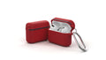 Silicone clamshell cover for Apple AirPods case in various colours, showing metal buckle.