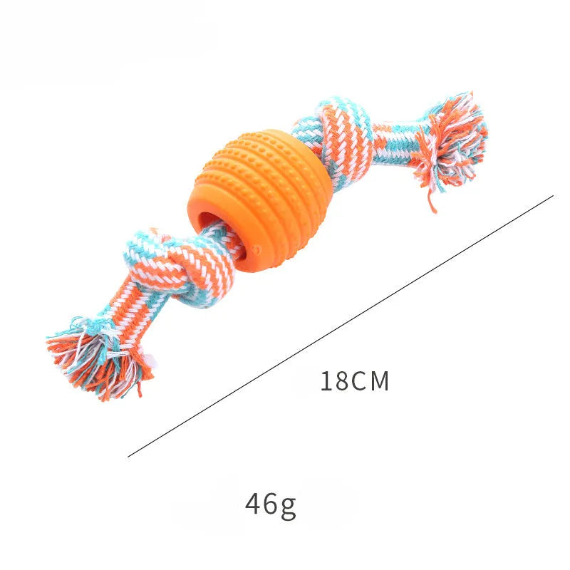 Blue soft dog chew toy in molar shape with integrated white ropes for dental cleaning.