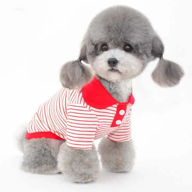 Pet colour striped polo shirt in cotton spandex blend with red stripes, available in multiple sizes for dogs and cats