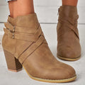 Grey plus size women's ankle boots with 7cm heel, side zip and belt buckle.
