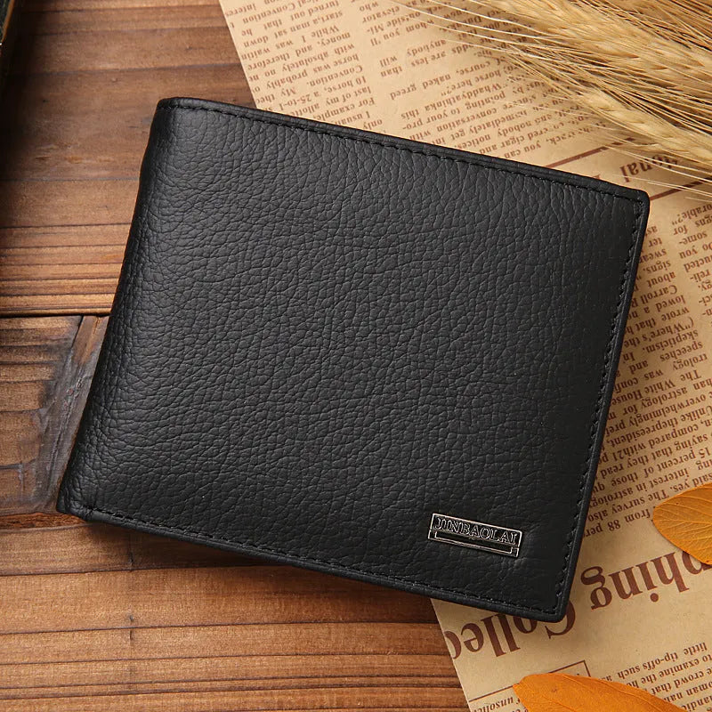 Men's black first-layer cowhide leather bifold wallet with stitching and coin purse measuring 11.5cm by 9.5cm