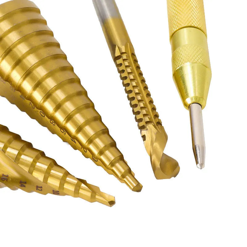 Step drill bit and centre punch set in high speed steel with colour-coded options for metalworking