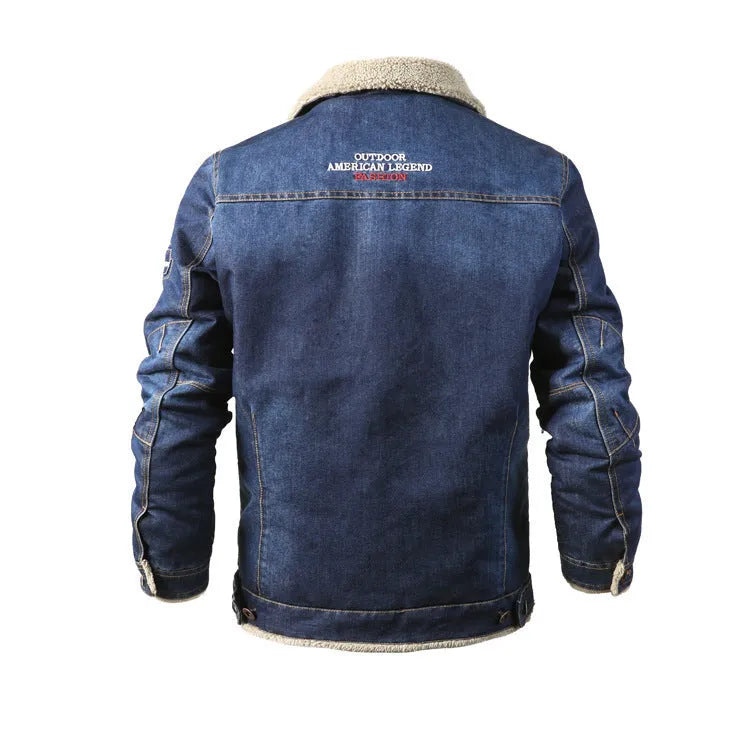 Men's casual denim jacket with lapel collar, single-breasted placket, long sleeves, loose fit, in dark blue and light blue