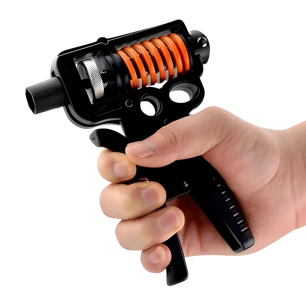 Black adjustable finger trainer grip strength exerciser with ABS and metal construction on a plain background