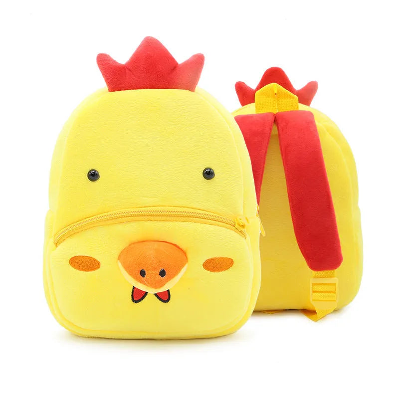 Cute plush animal backpack for children in elephant design, showing front zipper and straps.
