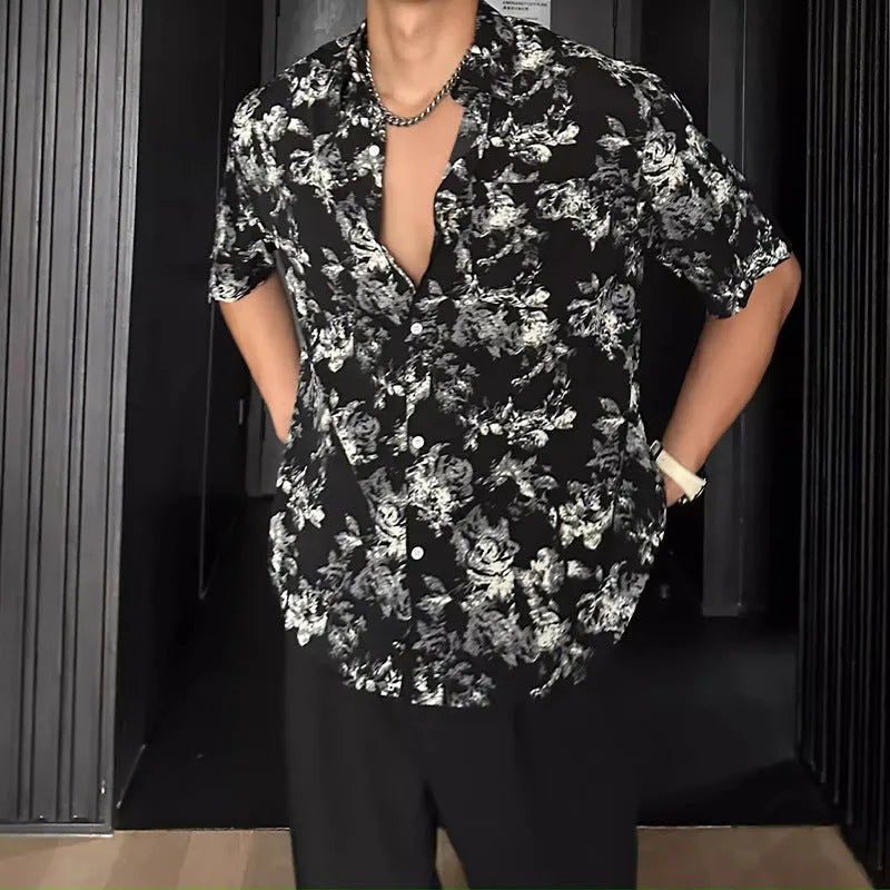 Men's loose casual floral printed short sleeve shirt in black or white